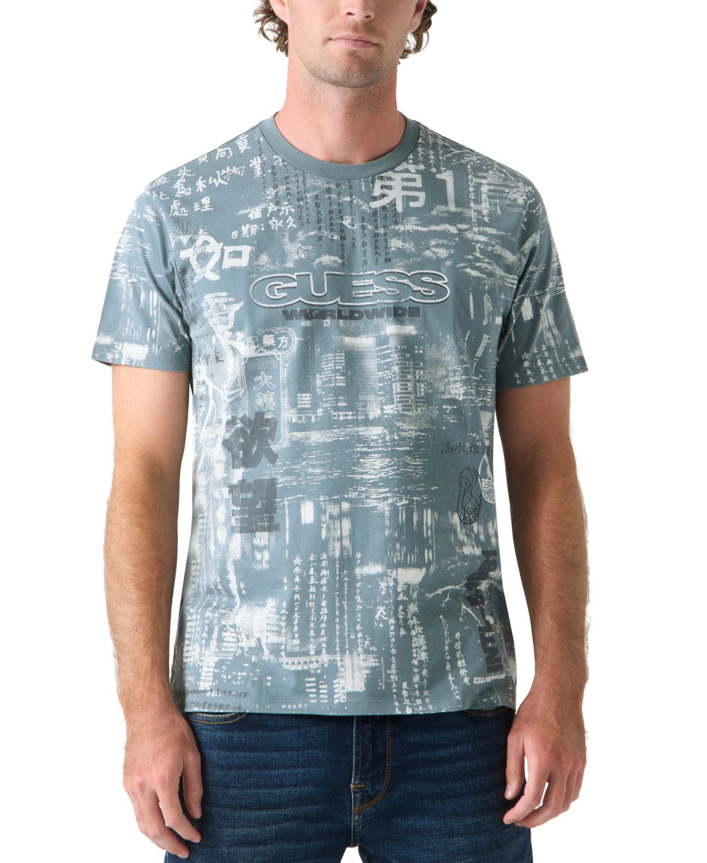 Мужская футболка GUESS Tokyo Nights Short-Sleeve, цвет: Тёмный серый разноцветный — фото 1