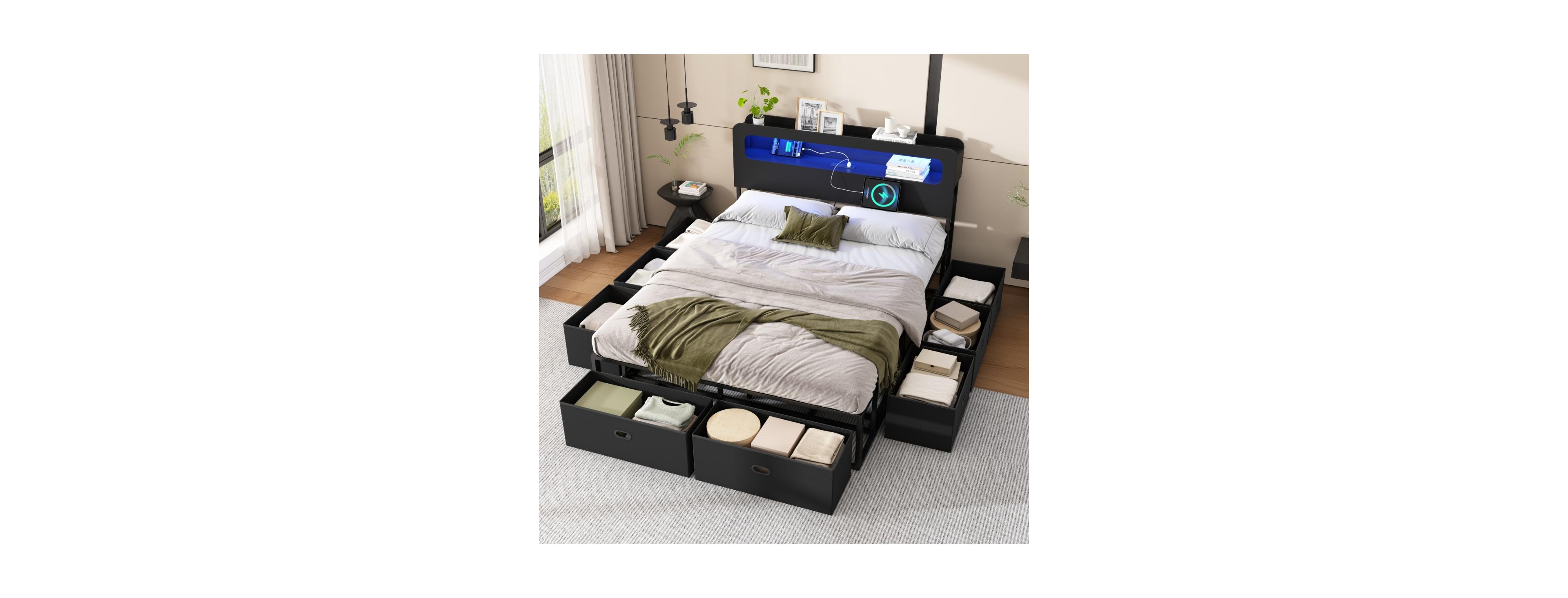 Streamdale Furniture Full Size Bed Frame with Led Headboard, Charging Station and 8 Storage Drawers
