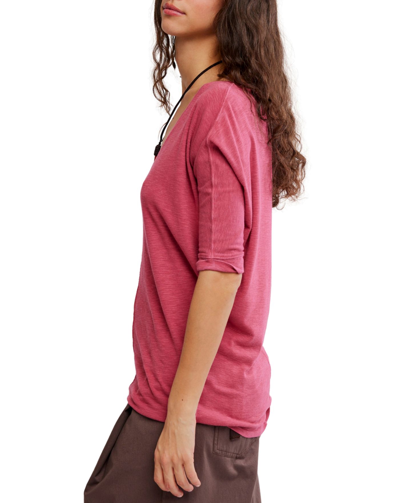 Женская футболка Free People High Line V-Neck 3/4-Length-Sleeve Cotton-Modal-Blend, цвет: Глубокий бордово-красный — фото 3