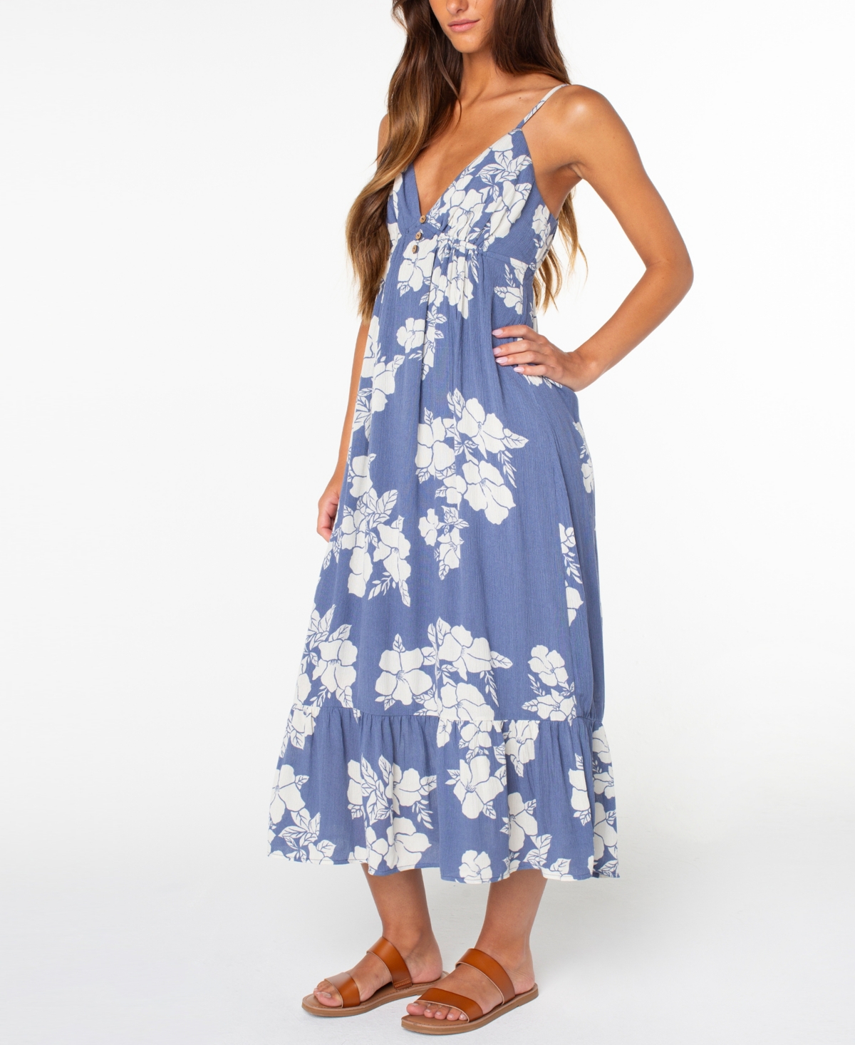Roxy Women's Warm Rays Hibiscus V-Neck Floral-Print Ruffled Hem Midi Dress