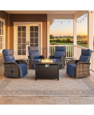 7Pcs Outdoor Swivel Recliner Chair with 50,000 BTU Fire Pit Table Outdoor Wicker Rattan Bistro Set with Tempered Glass Side Table