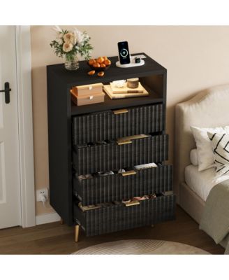 4 Drawers Dresser 28" Wooden Unit with LED and Charging, Fluted Night Stand Handle, Modern Dressers for Closet, Living Room, Hallway