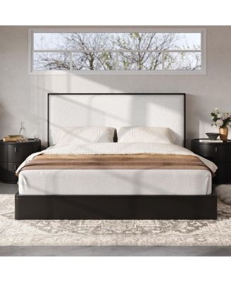 Solid Wood Queen Platform Bed with Boucle Upholstered Headboard