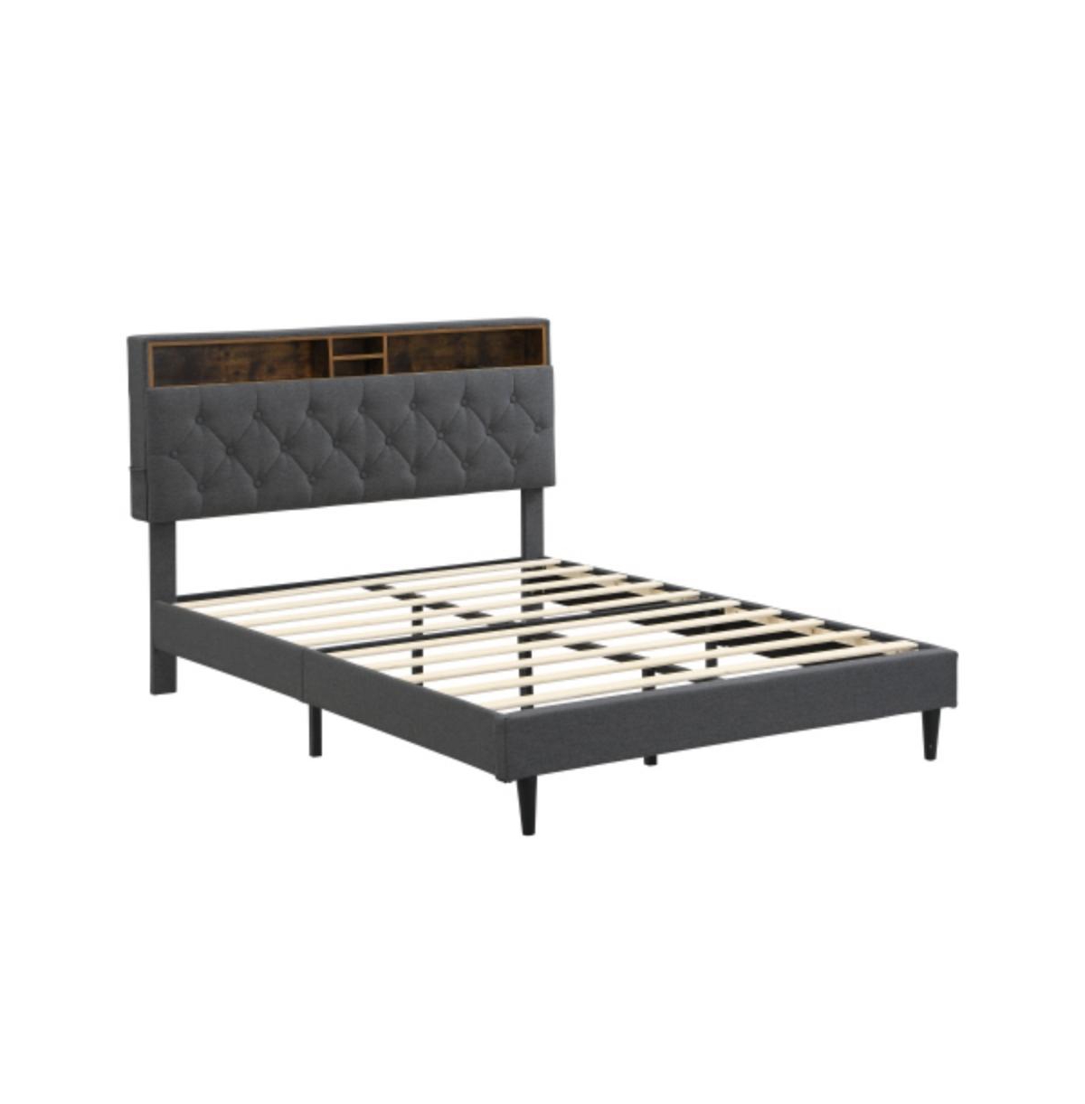 Lucky One Queen Size Platform Bed Frame with Usb Outlet and Storage Compartments, Heavy Duty Metal Slats