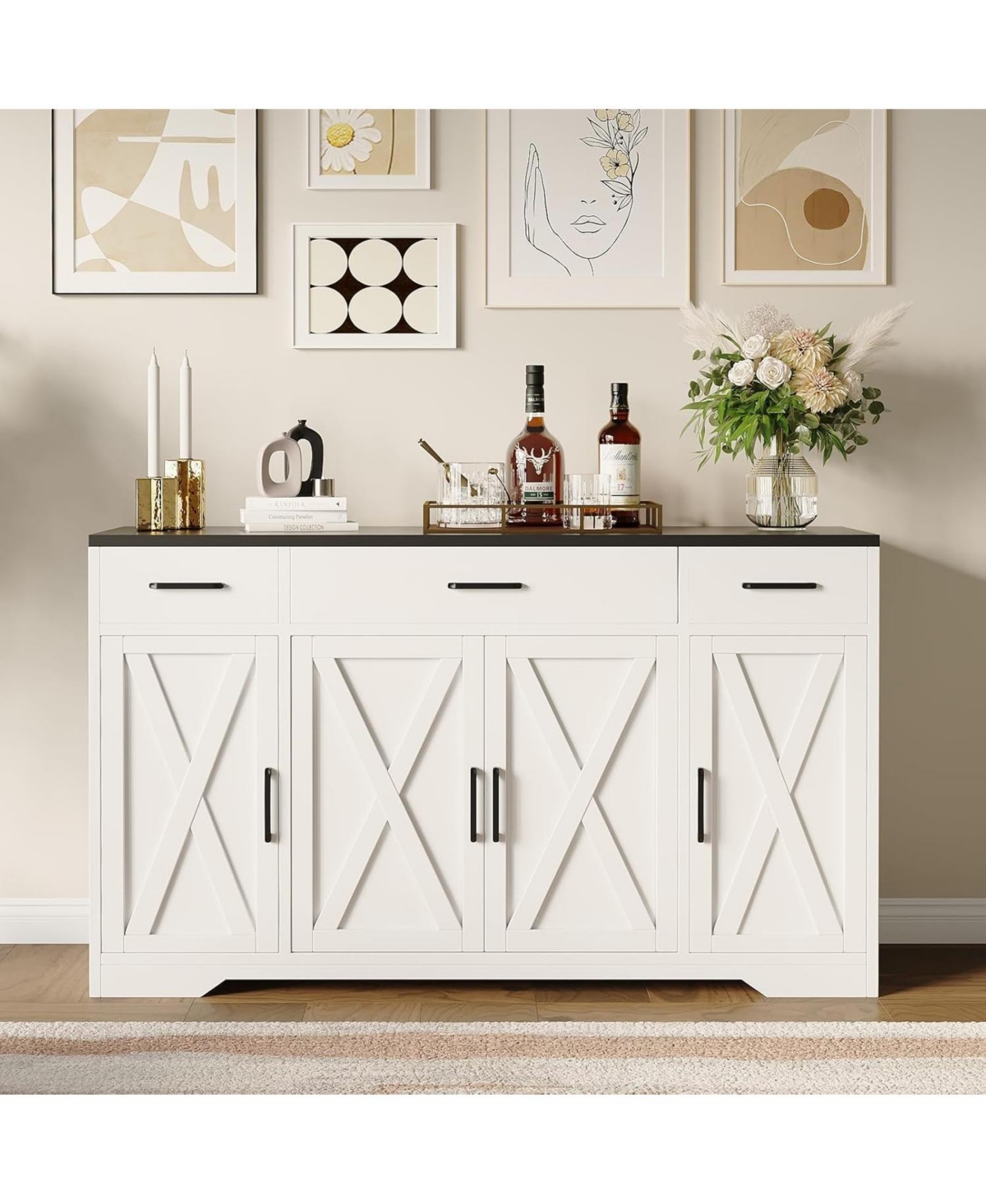 homfan 55" Buffet Cabinet 3 Drawers and 4 Doors, Farmhouse Sideboard with Adjustable Shelves, Coffee Bar for Kitchen and Dining