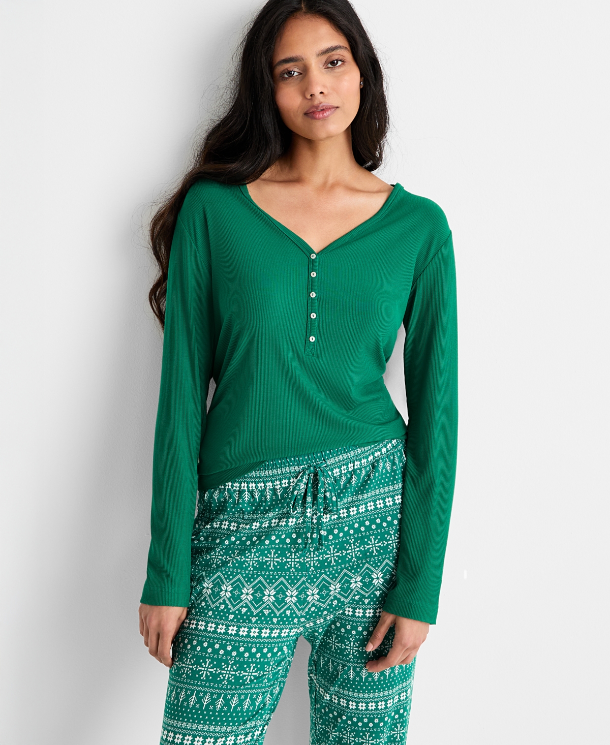 State of Day Women's Long-Sleeve Ribbed Henley Sleep Top Xs-3X, Created for Macy's