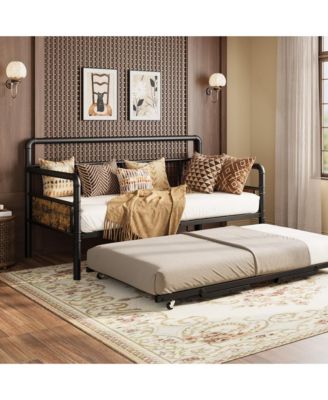 Daybed with Trundle, Twin Daybed with Pop Up Trundle Set, Metal Twin Bed Frame with Steel Slat Support, Easy Assembly