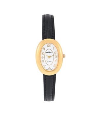 Women's 14K Gold-Plated Petite Oval Dial with Thin Glossy Black Leather Strap