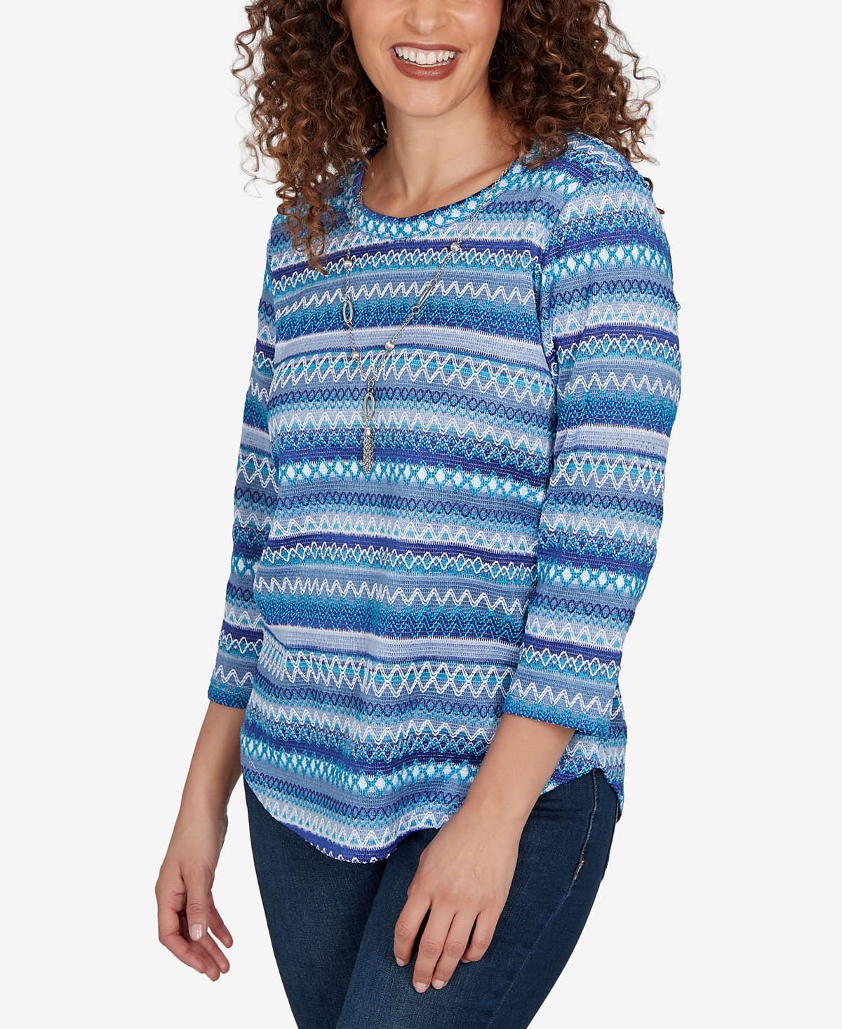 Alfred Dunner Women's Classic Textured Stripe Knit Top With Necklace