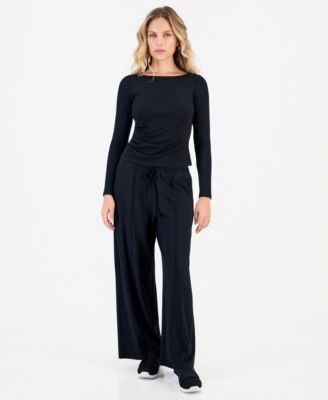 Petite Ribbed Knit High Rise Drawstring Wide-Leg Pants
