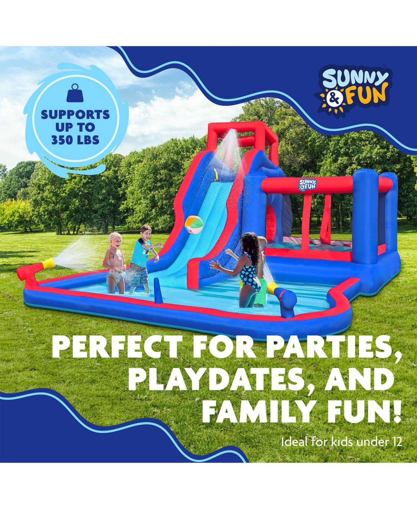 Детская игрушка Sunny & Fun Inflatable Water Slide with Bounce House & Splash Pool, Puncture-Resistant, Ages 3+, цвет: Синий — фото 5