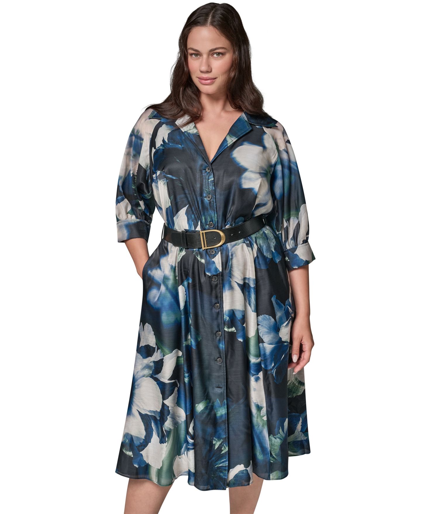 Женское платье Donna Karan New York Plus Organza Printed Shirt Dress, цвет: Чёрный тёмно-зелёный разноцветный — фото 2