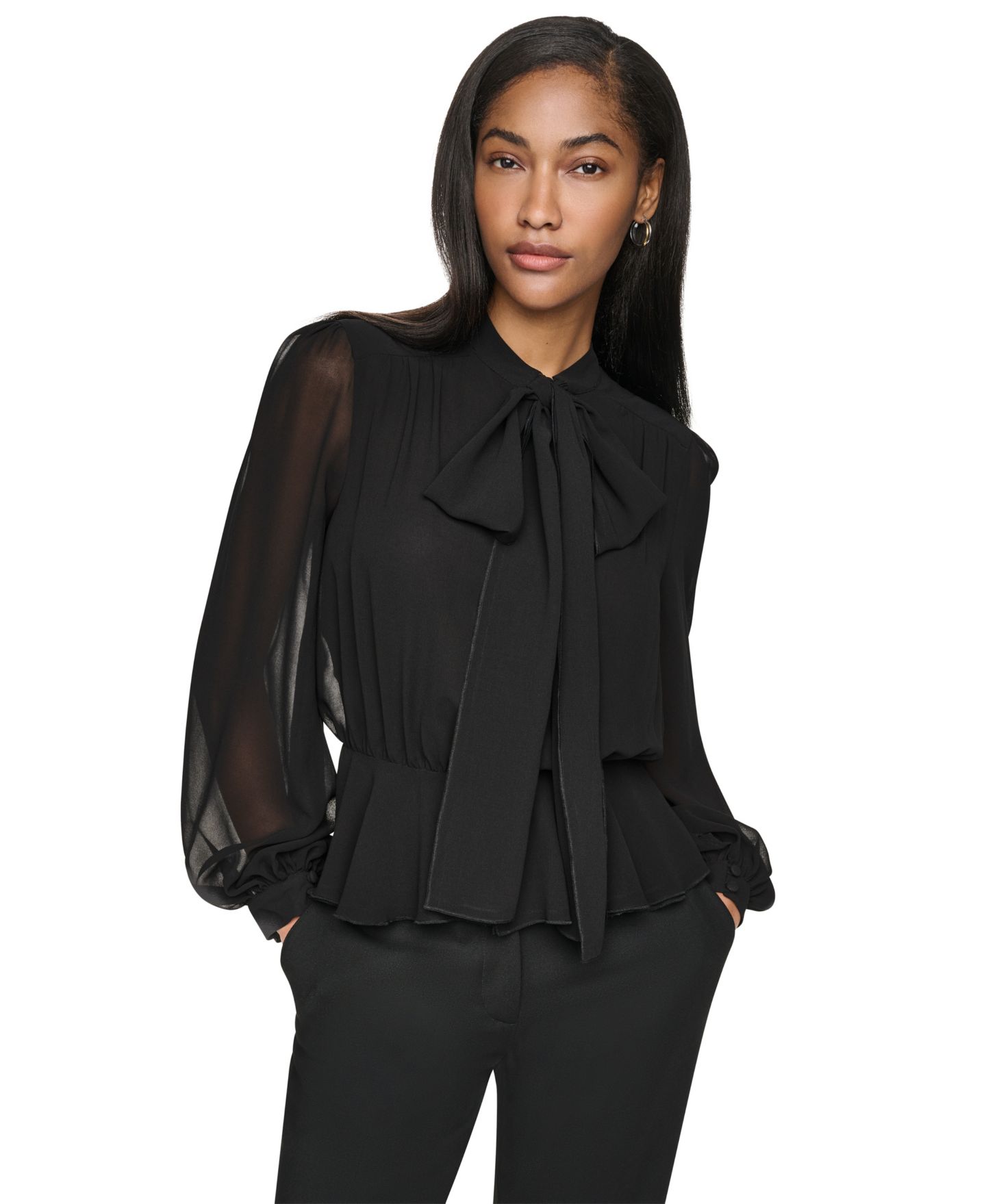 Женская блузка DKNY Tie Neck Peplum Long-Sleeve Blouse, цвет: Чёрный — фото 4