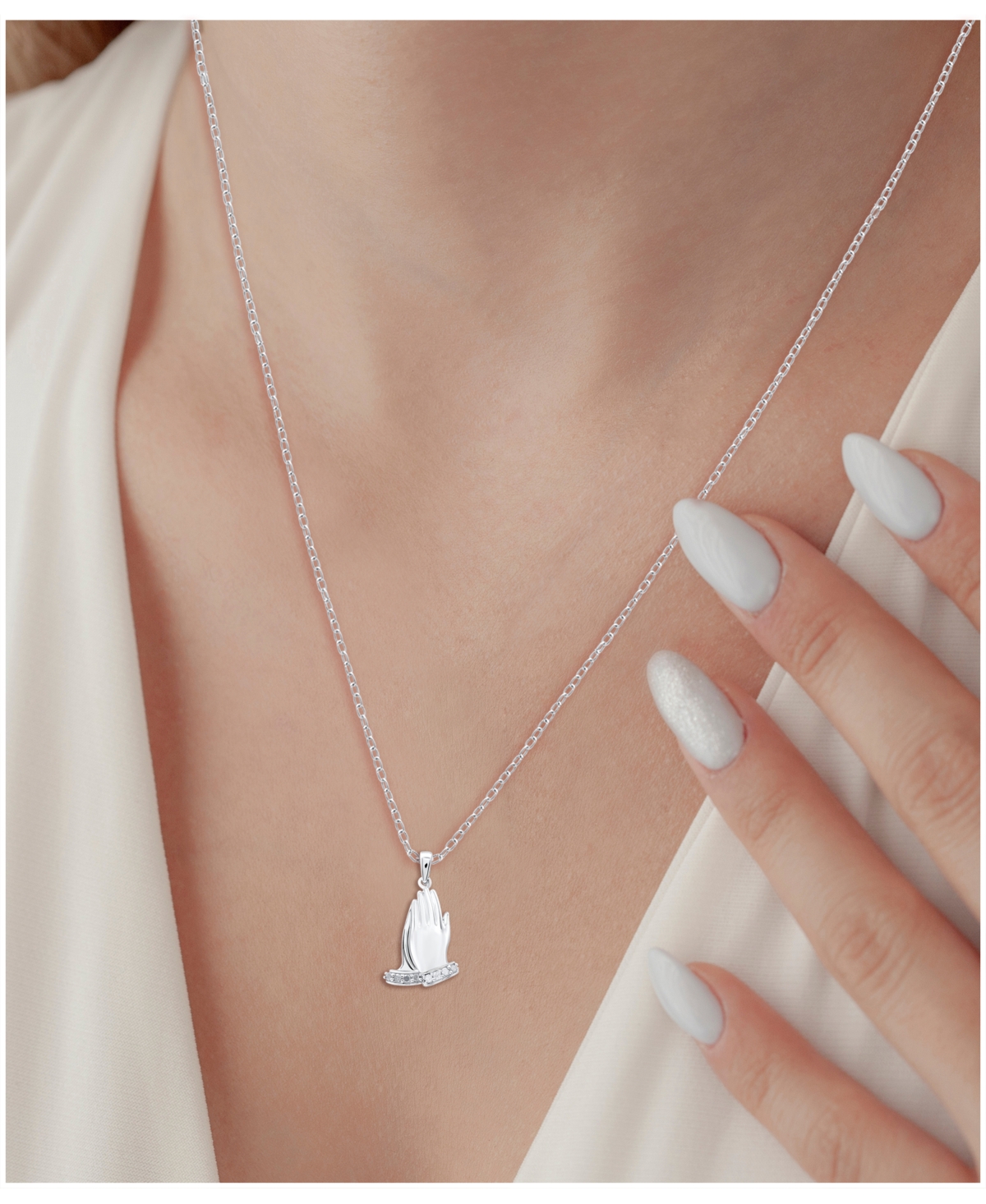 Diamond Praying Hands 18" Pendant Necklace (1/10 ct. t.w.) in Sterling Silver