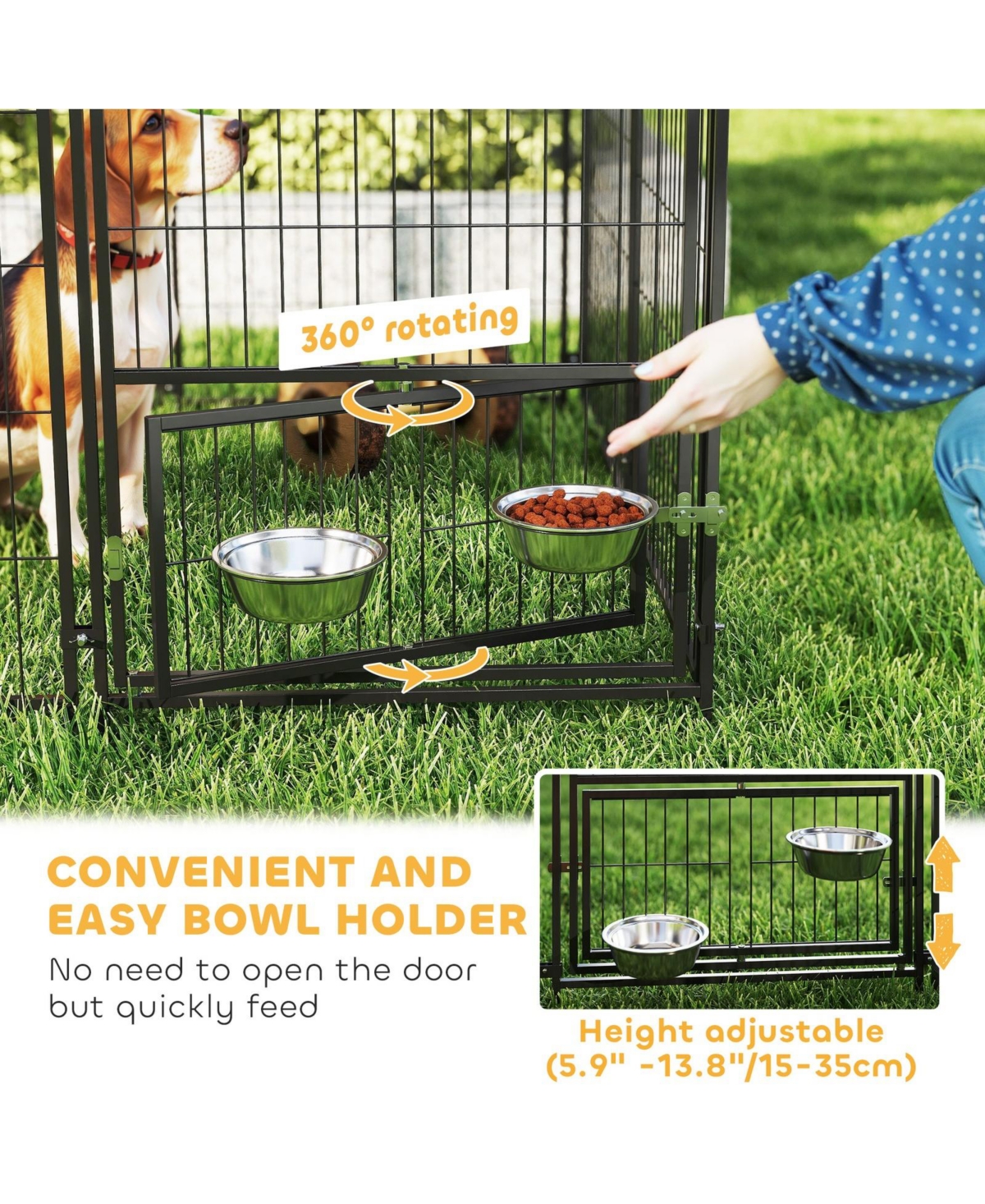 Ruie Large Outdoor Dog Kennel with Rotating Adjustable Bowls and Uv Canopy