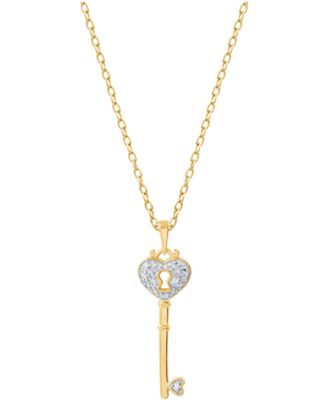 Diamond Heart Lock Key Pendant Necklace in 18k Gold over Sterling Silver(1/10 ct. t.w.)