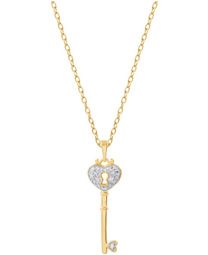 Diamond Heart Lock Key Pendant Necklace in 18k Gold over Sterling — 10 count