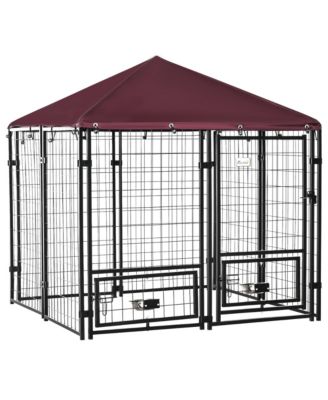 Outdoor Dog Kennel Playpen with Rotating Bowls and Cover