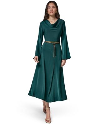 Satin Long-Sleeve Cowl Neck Belted A-Line Dress