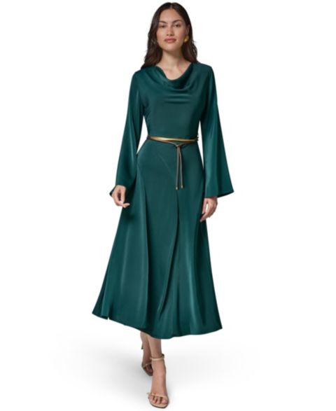 Женское платье Donna Karan New York Satin Long-Sleeve Cowl Neck Belted A-Line, цвет: Hudson (Hud)