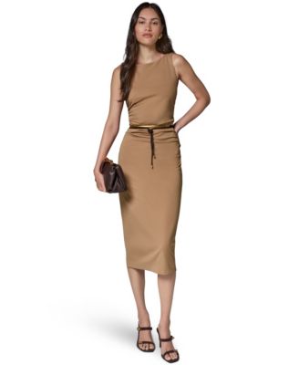Sleeveless Boat Neck Ponte Belted Midi Sheath Dress
