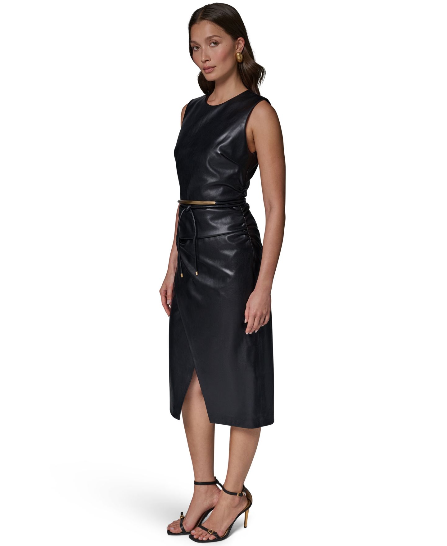 Женское платье Donna Karan New York Sleeveless Faux Leather Side-Ruched Midi Dress with Lariat Belt, цвет: Чёрный — фото 3