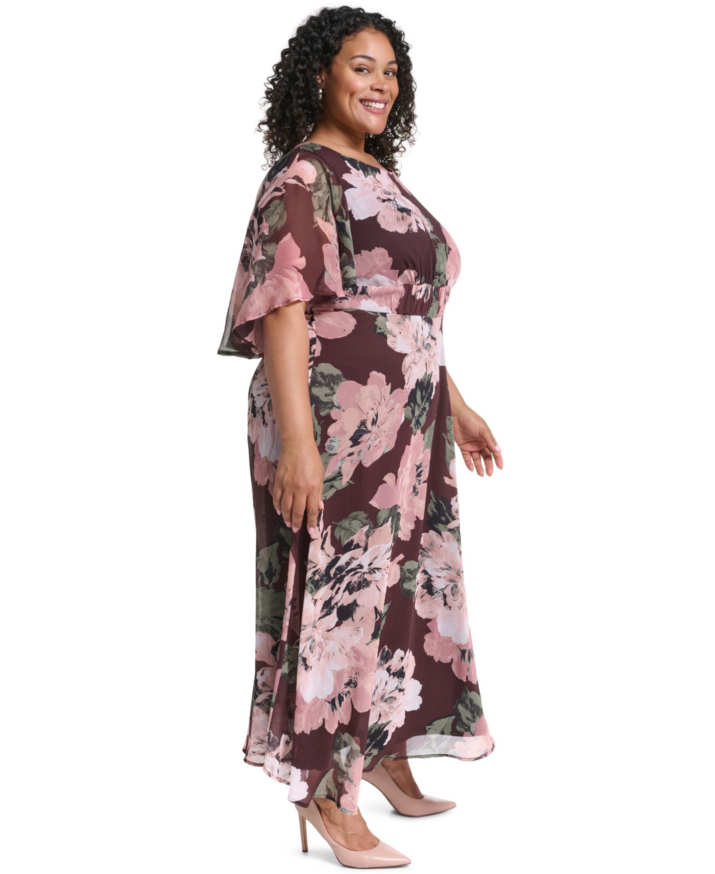 Женское платье Calvin Klein Plus Flutter-Sleeve Floral Chiffon Fit & Flare, цвет: Кофейный разноцветный — фото 3