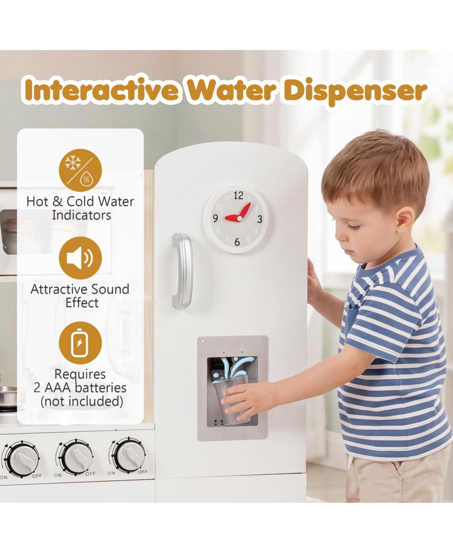 Детские игрушки Costway Water Dispenser 5-Piece Wooden Play Kitchen, от 3 лет, цвет: Белый — фото 4
