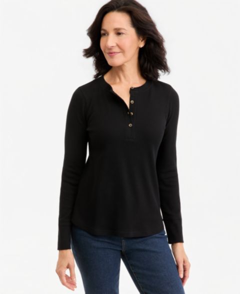 Женский топ Style & Co Waffle-Knit Long-Sleeve Henley, цвет: Глубокий чёрный