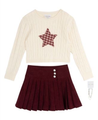 Girls' 7-12 Cable-Knit Sweater, Plaid Star Skort and Bracelet, 3-Piece Set