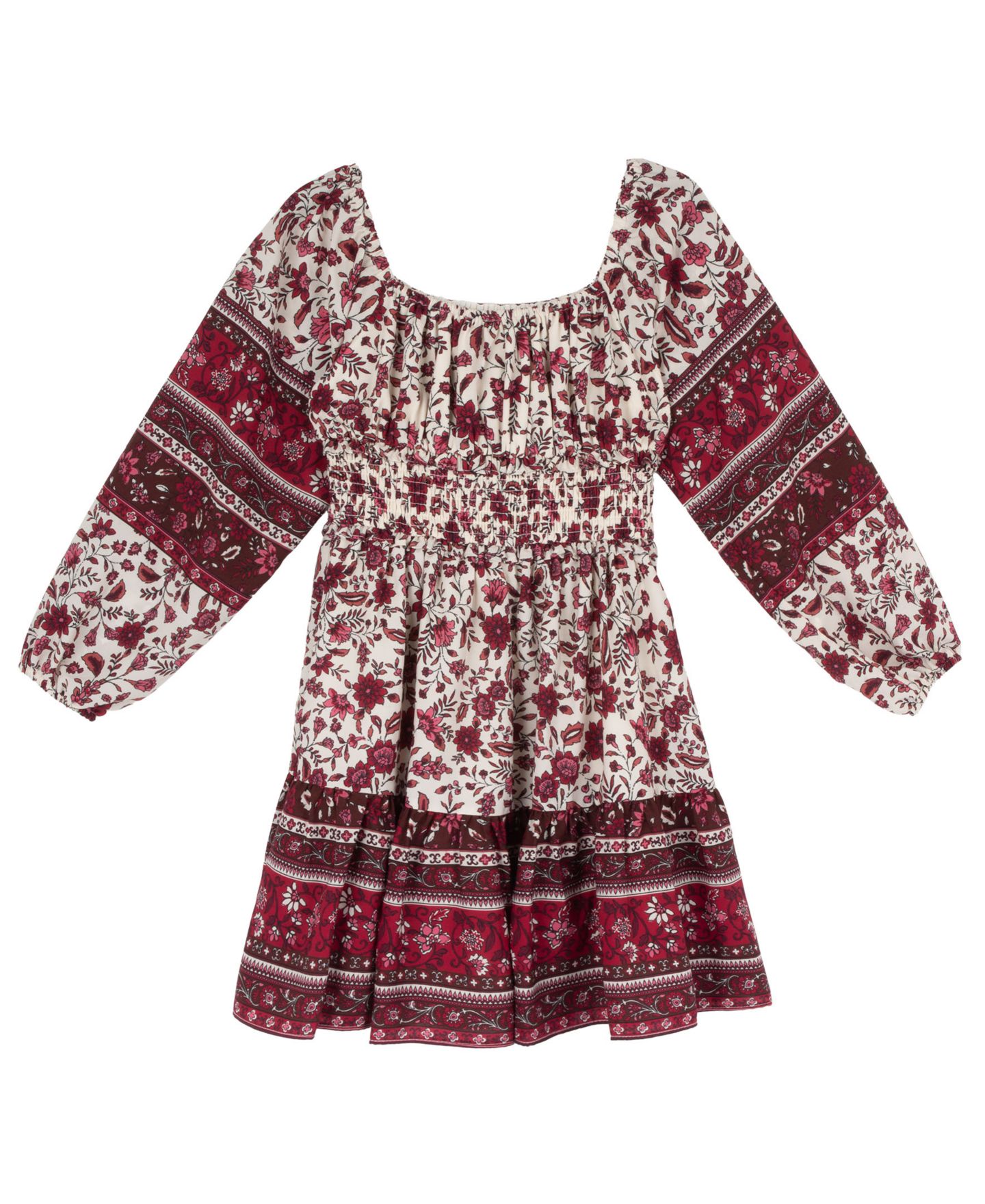Платье Rare Editions Smocked Waist Long-Sleeve Dress для девочек, цвет: Бордовый — фото 2