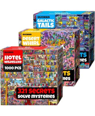 1000 Piece Jigsaw Puzzle for Adults Set of 3 - Desert Whirl, Galactic Tails, Hotel Wildeluxe with Audio Story and 321 Secrets Each