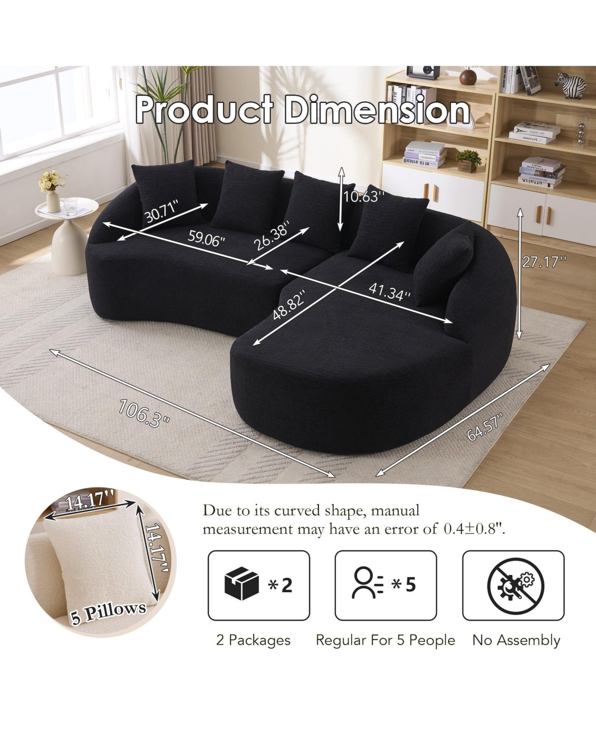 Sailvan L-Shape Sectional Sofa with Curved Chaise, Modular Chenille Compression Couch