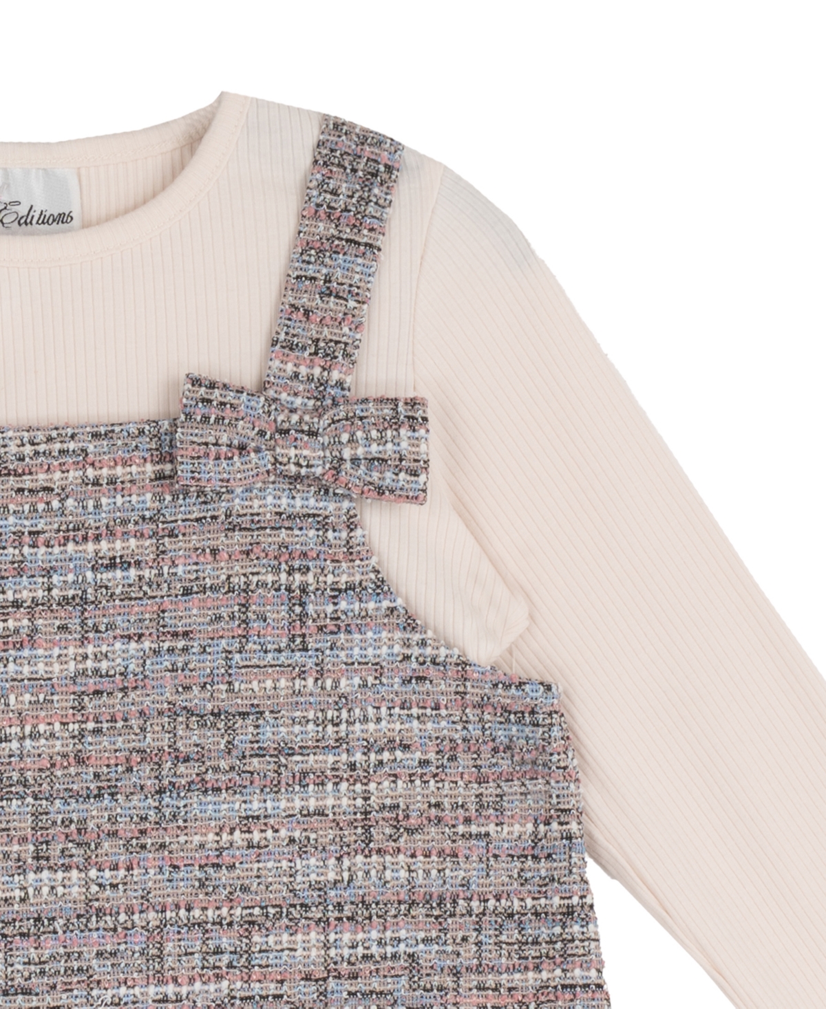 Rare Editions Girls' 2T-6X Rib-knit Long-Sleeve Top, Jumper and Fuzzy Bear Bag, 3-Piece Set