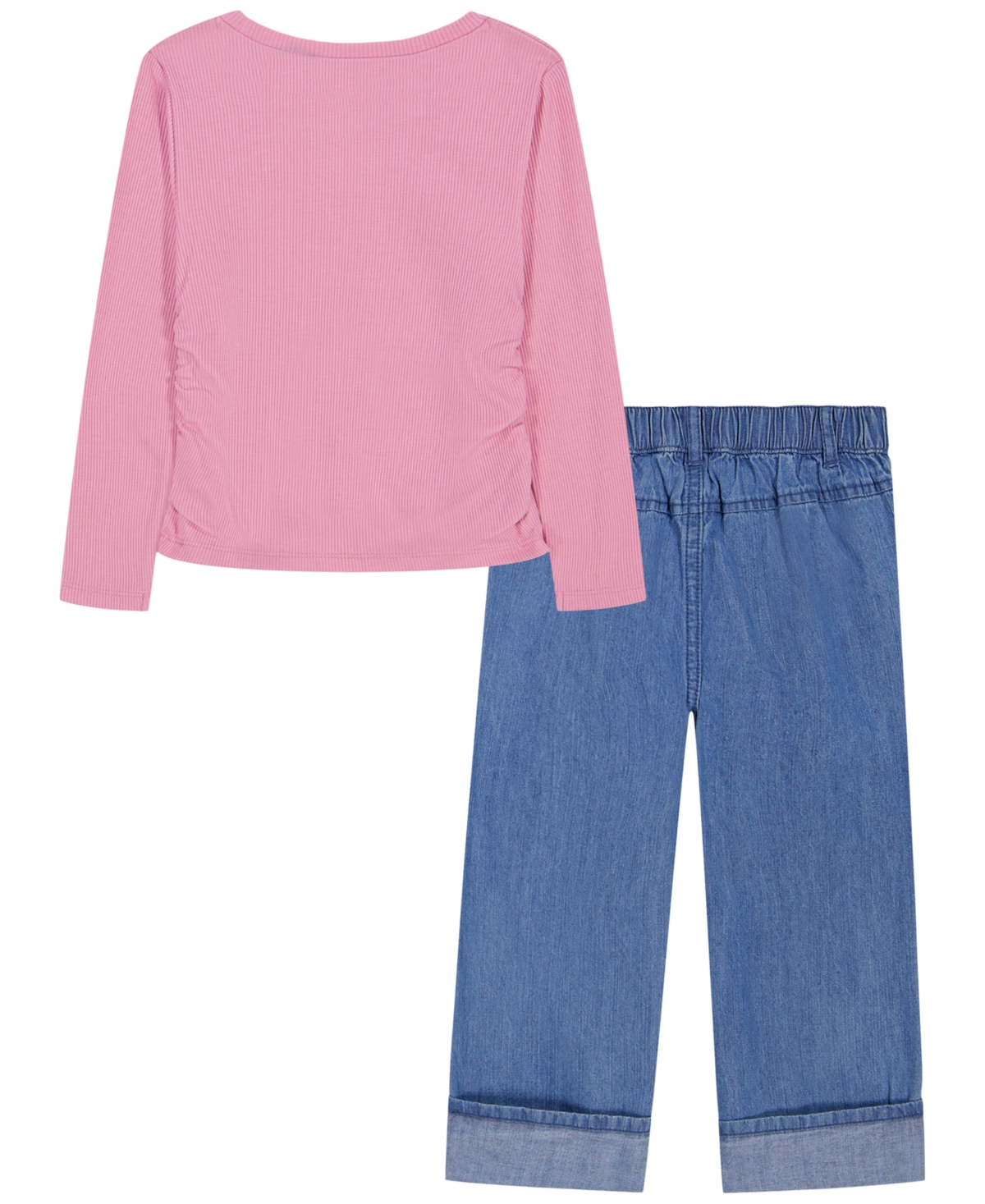 Calvin Klein Toddler Girls' 2T-6X Monogram Ribbed Long-Sleeve Top and Wide-Leg Denim Pants, 2-Piece Set