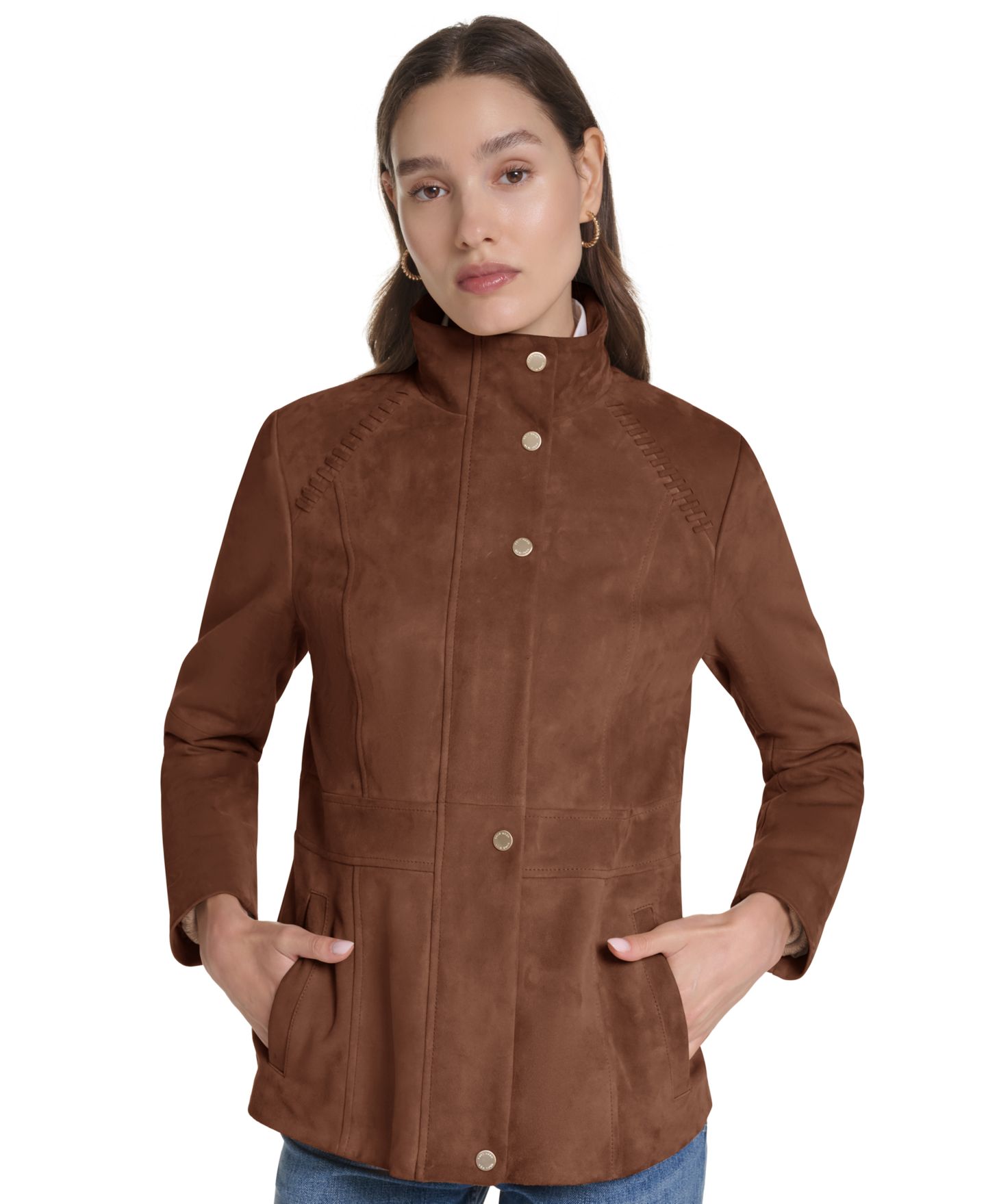 Женская куртка Cole Haan Suede Zip Up Jacket with Stitch Detailing, цвет: Шоколадный — фото 3