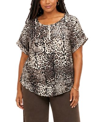 Plus Size Leopard Print Dolman Rolled-Sleeve Top
