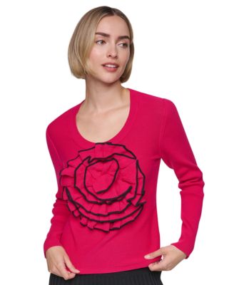 Women's Rosette Long-Sleeve Scoop Neck Sweater