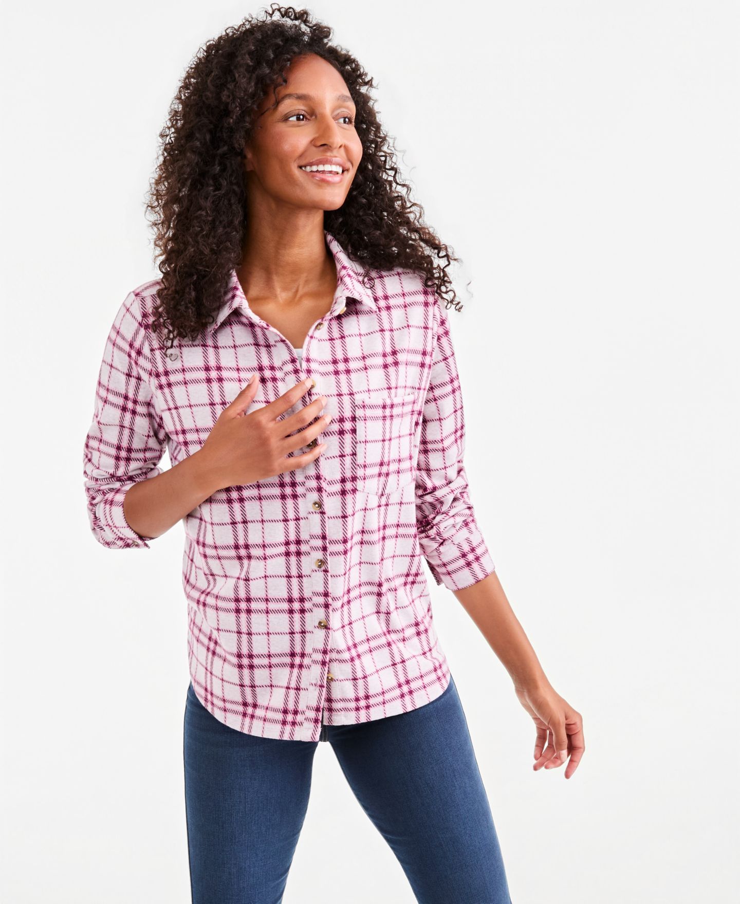 Женские куртки Style & Co Plaid Flannel Knit Shacket, цвет: Ванильный — фото 2