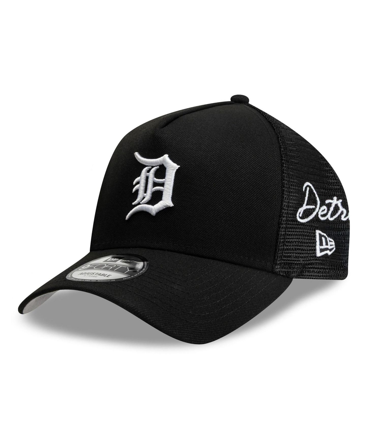 Мужская кепка New Era Black Detroit Tigers Side Script 9FORTY A-Frame Trucker Adjustable Hat — фото 1