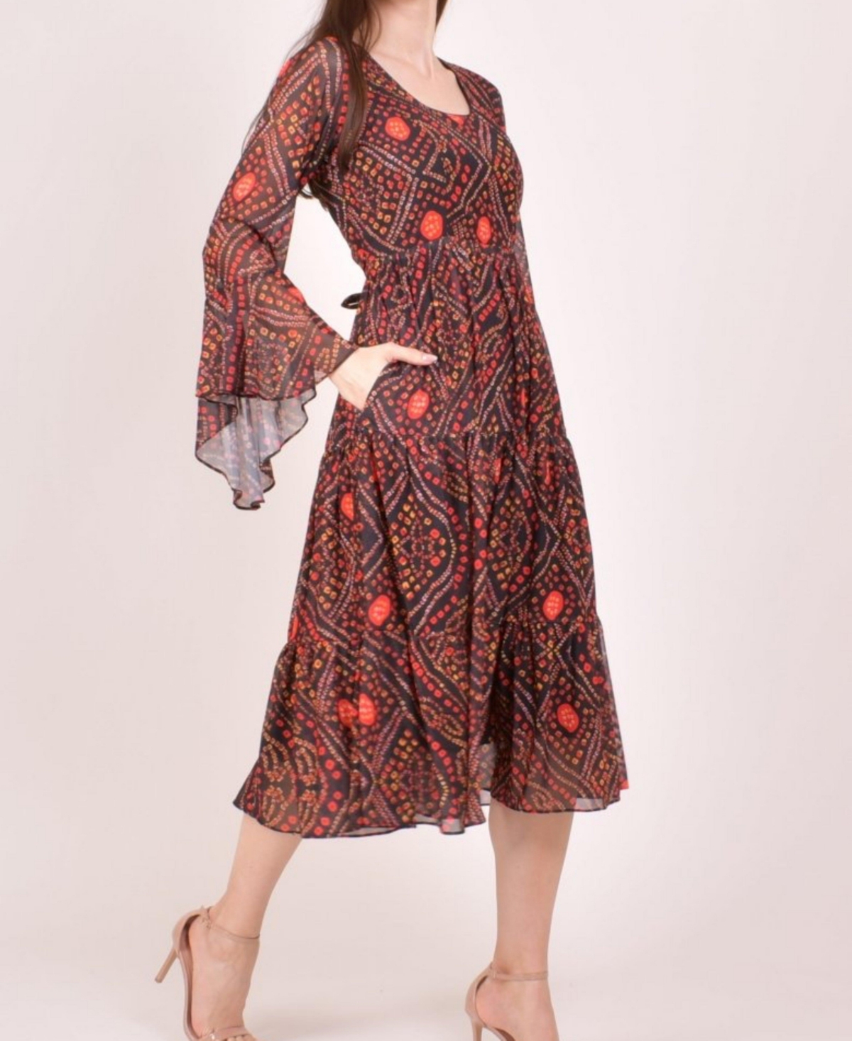 Raas Women's Bandhani Bell Sleeve Tiered Midi Dress