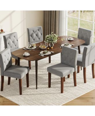 Set of 6 Dining Chairs, Linen Upholstered Farmhouse Chairs with High Back and Wood Legs for Dining Room or Kitchen