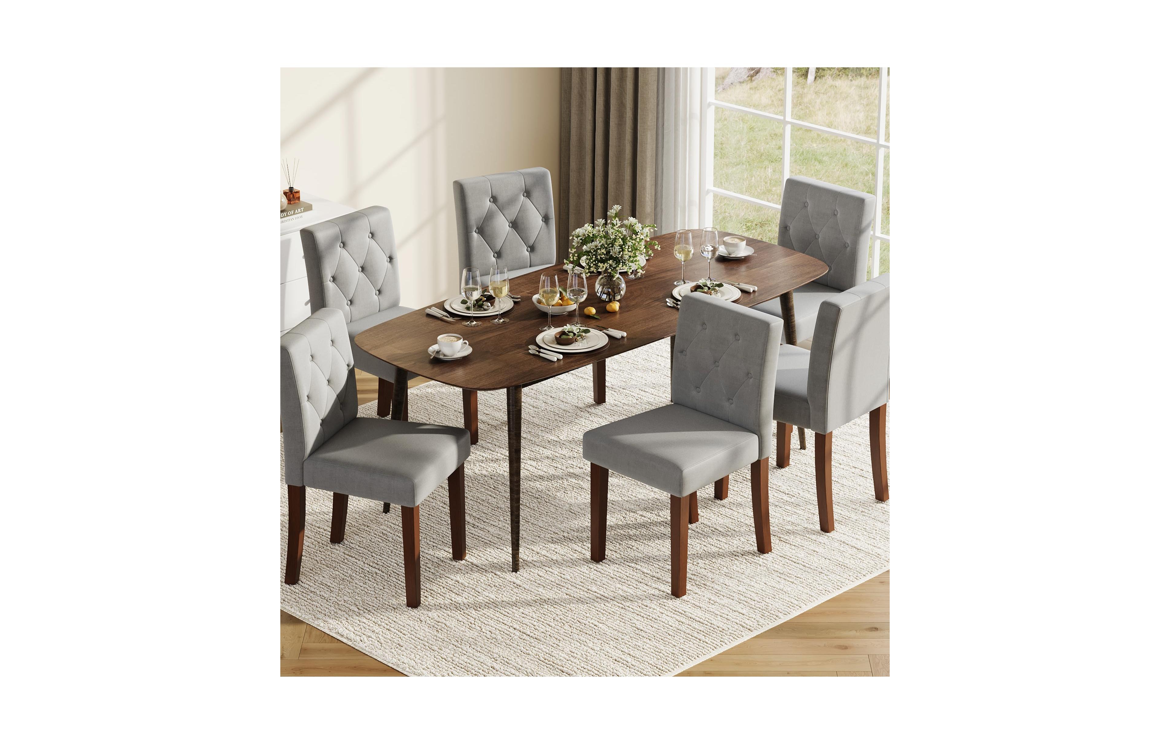 homfan Set of 6 Dining Chairs, Linen Upholstered Farmhouse Chairs with High Back and Wood Legs for Room or Kitchen
