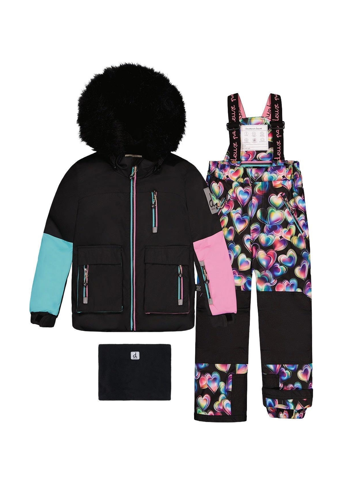 Deux par Deux Toddler Girl (2T- 5T) Two Piece Play Snowsuit Colorblock with Heart Print Pants - Blue, pink and black heart print