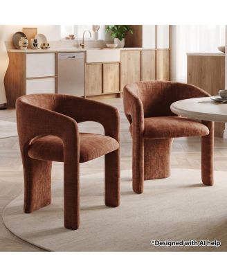 Modern Upholstered Barrel Accent Chair Set of 2,  Chenille Fabric, Curved Arm Dining Chair, Padded Seat, Geometric Leg Design