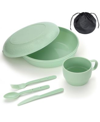 6 Piece Camping Mess Kit With Bowl Plate Cup Utensils Carry Bag For Travel Picnic Outdoor