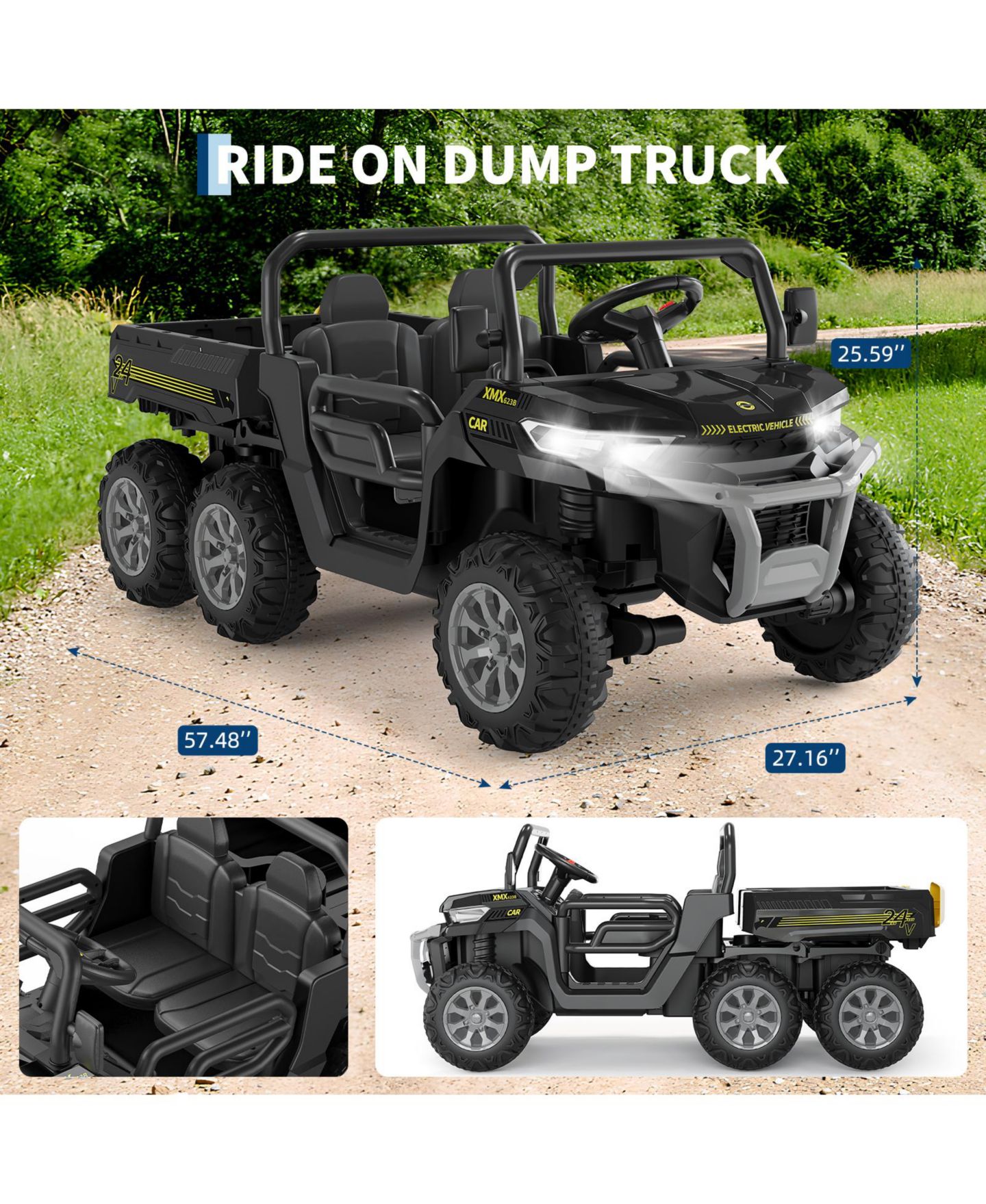 Детские игрушки homfan 24V 2 Seater 4WD 6 Wheel Electric Ride On Dump Truck – UTV Car with Remote Control, Electric Dump Bed, LED Lights, MP3, Safety Belt, цвет: Чёрный — фото 5