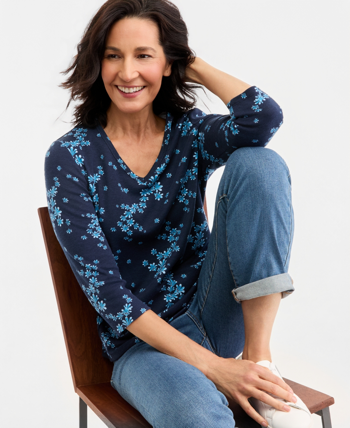 Style & Co Women's Printed 3/4-Sleeve V-Neck Tee, Macy's Exclusive
