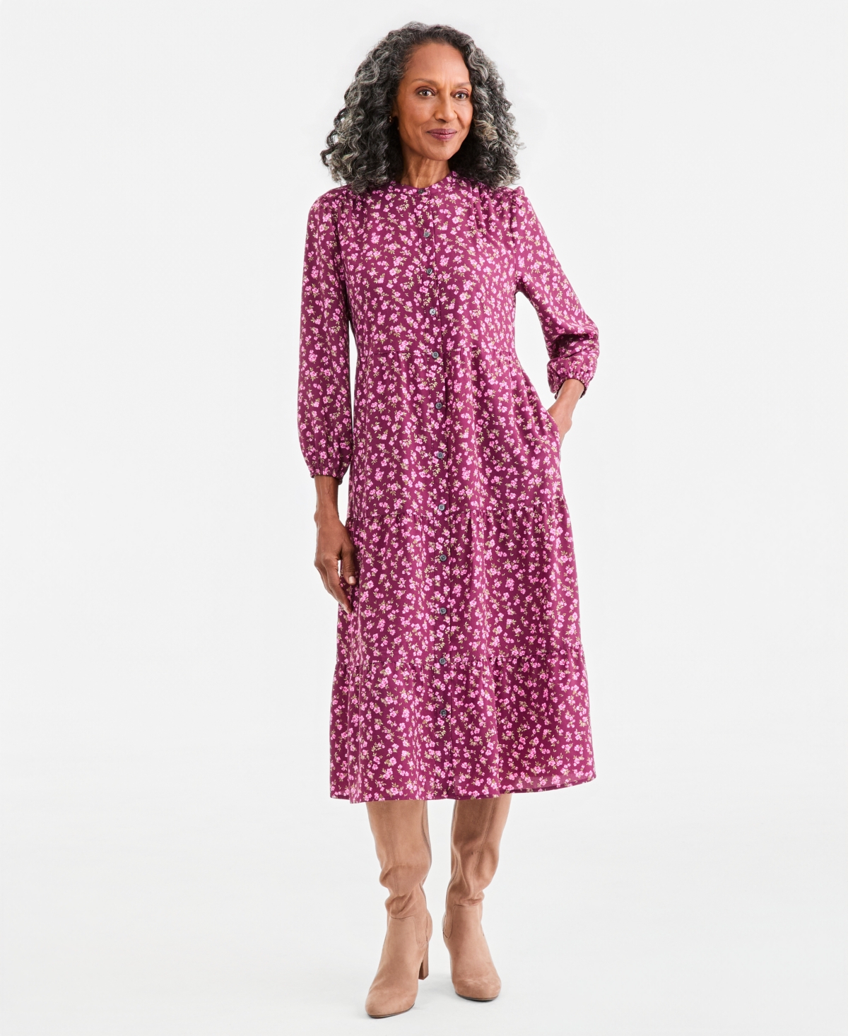 Style & Co Women's Printed Long-Sleeve Tiered Midi Dress, Macy's Exclusive