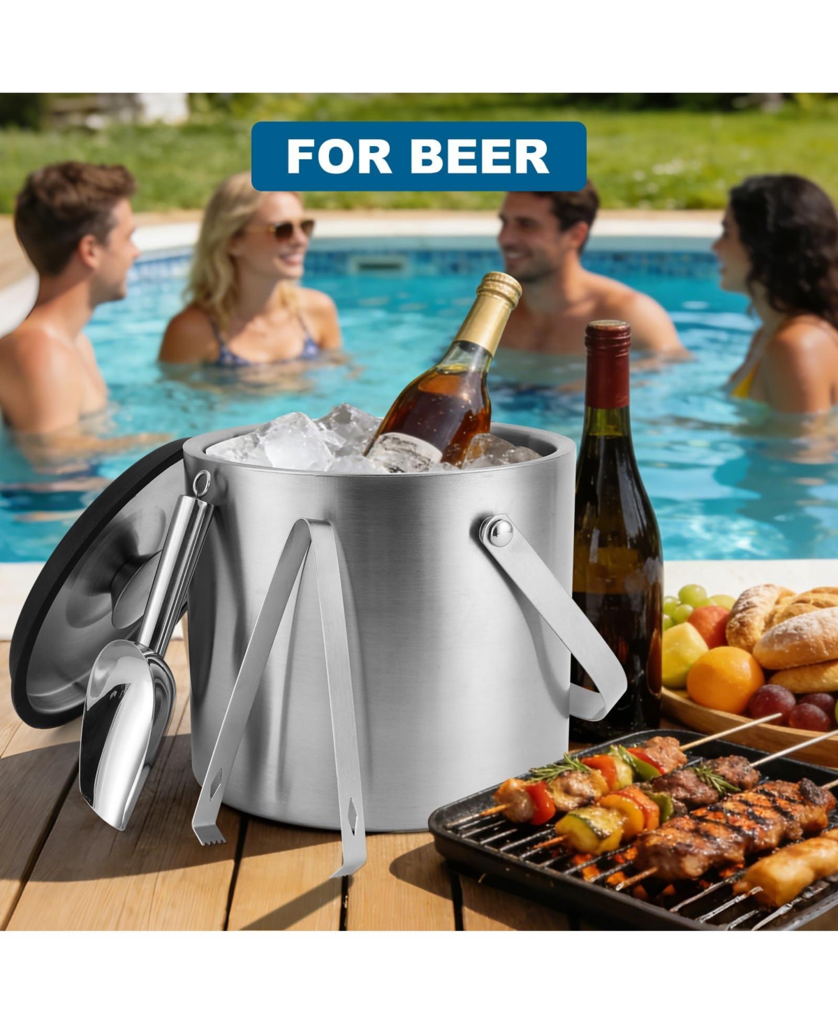Piscifun Portable Double Wall Stainless Steel Insulated Ice Bucket with Lid Scoop Tong for Party